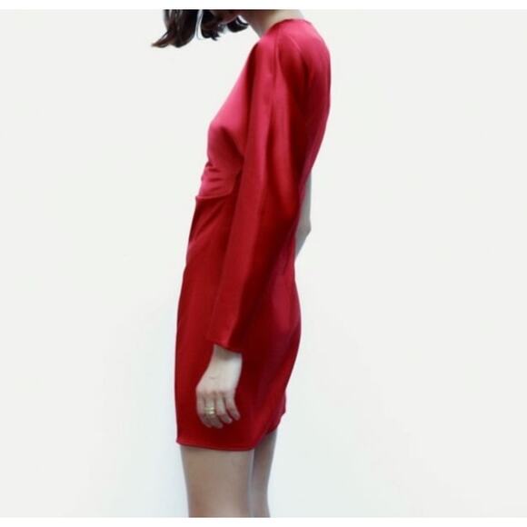 Zara Red Satin Christmas Dress Plus Size XXL One Sleeve Mini - Picture 2 of 13